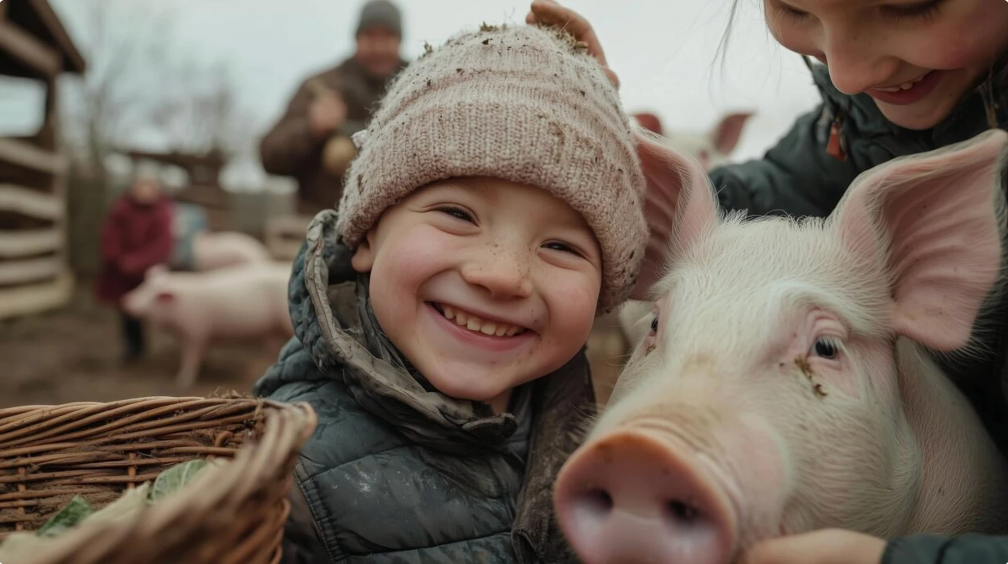 A smiling child beside a pig