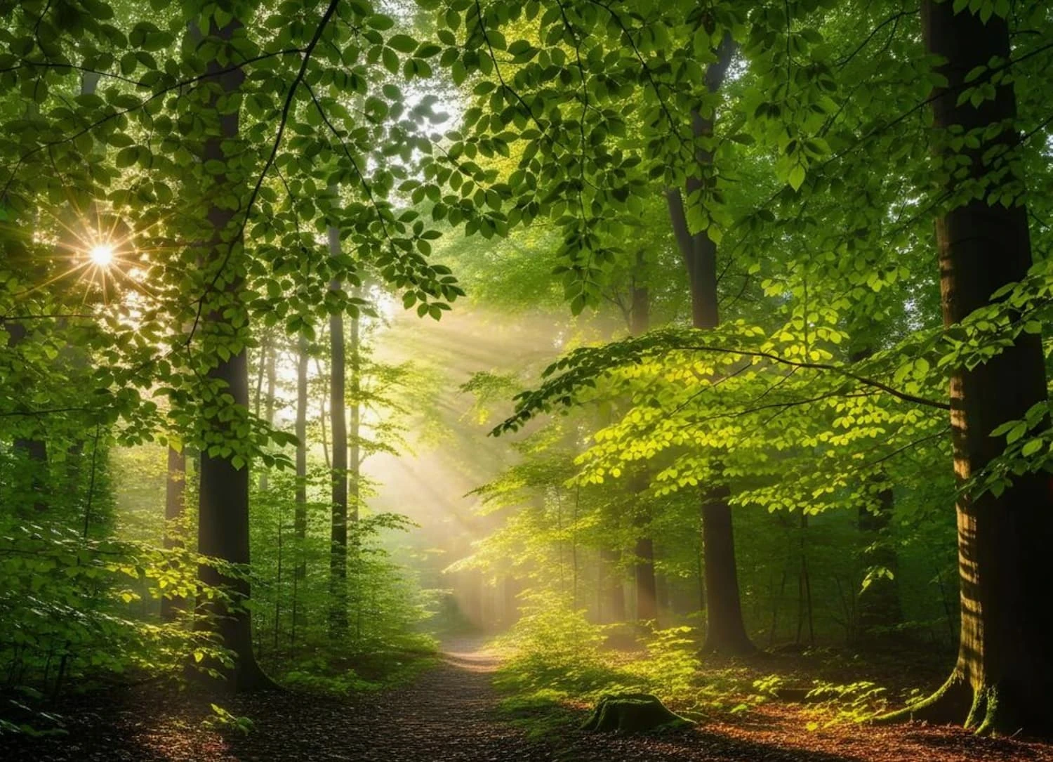 Sunlight shines through green leaves onto a woodland path