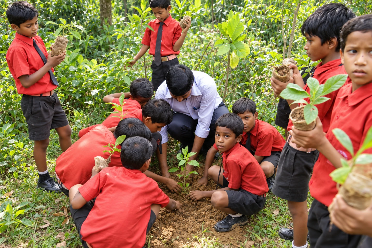 Schoolchildren and a teacher plant a young tree together